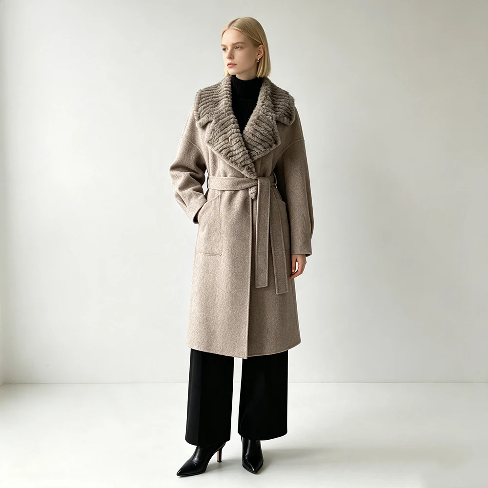 Jxwatcher Women's Wool Trench Coats with Real Mink Fur Collar Ladies Autumn Winte Fashion Warm Long Jacket 2026 New In Outerwear