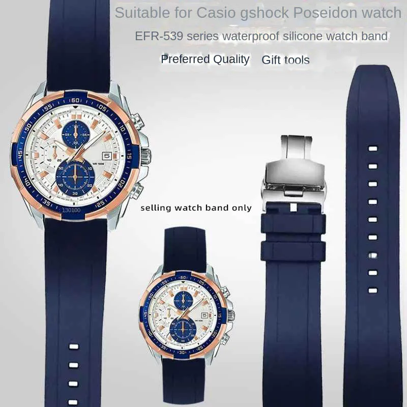 For Casio Steel Heart Sea God EFR539 series sports waterproof silicone watch band blue 22mm Butterfly buckle strap