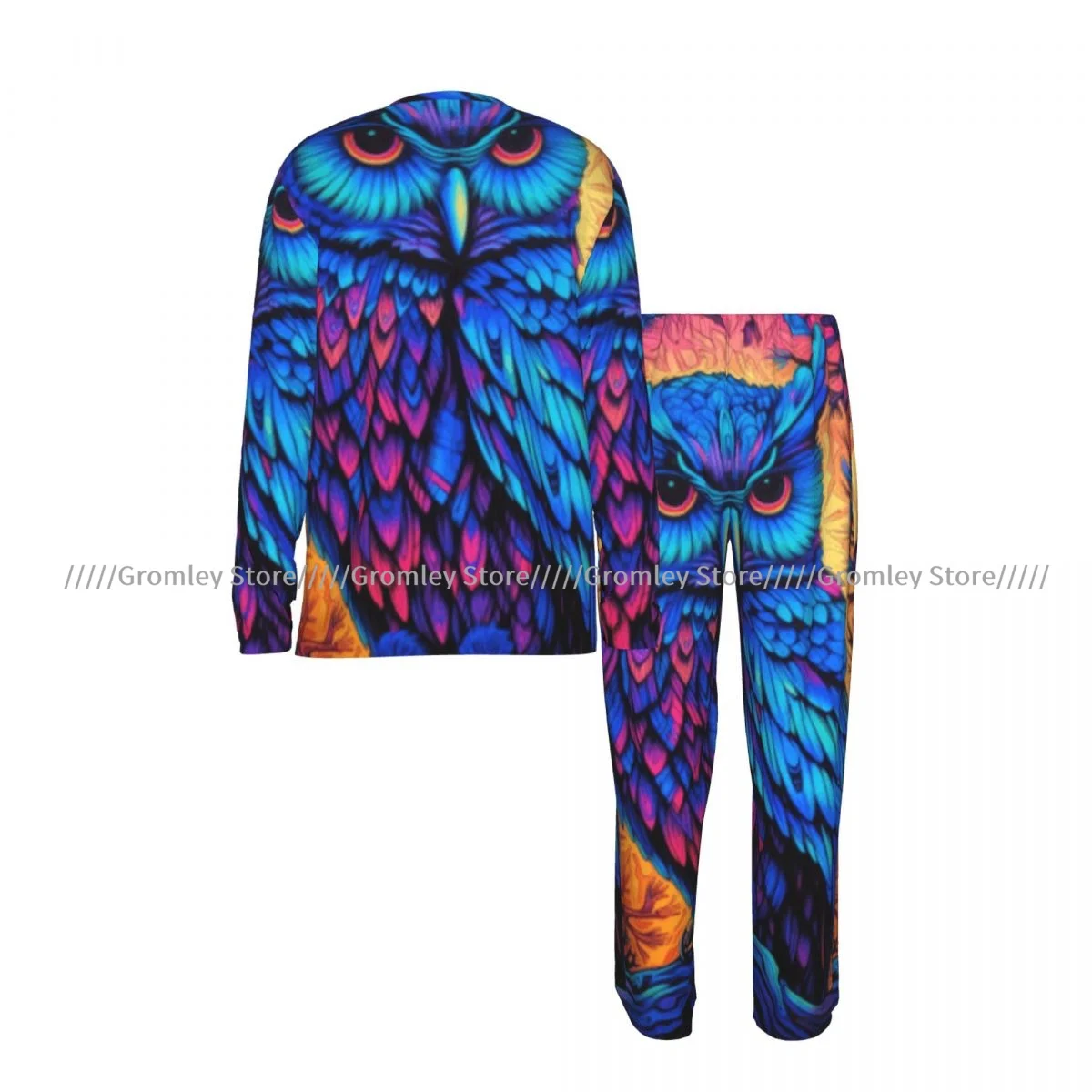Men's Pajama Set Long Sleeve and Long Pants Owl In The Forest Colorful Illustration Soft Sleepwear for Home
