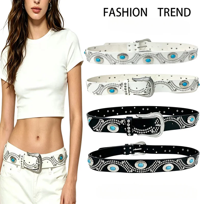 Fashion Women's Belt Rivet Rhinestone Semi Circle Turquoise Pattern Alloy Buckle Premium Quality Daily