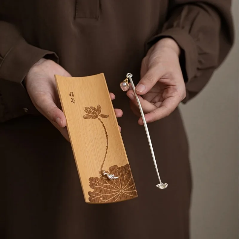 Bamboo Tea Appreciation Two-piece Set Lotus Leaf Natural Bamboo TeaDial Tea Leaf Holder Silver Teaspoon KungFu TeaSet Accessorie