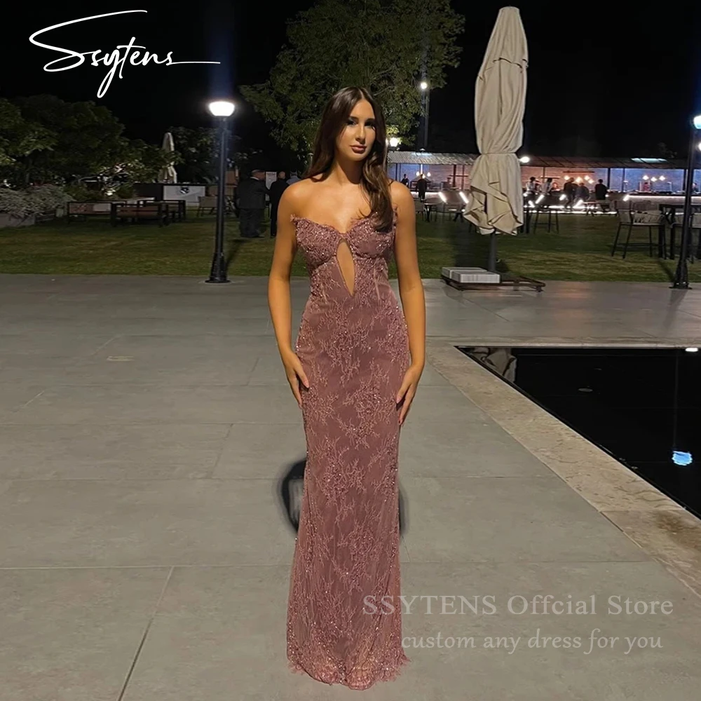 

SSYTENS Dusty Pink Lace Prom Dresses Strapless Mermaid Chic Lace Long Evening Dresses Women Sexy Backless Party Gowns Customized