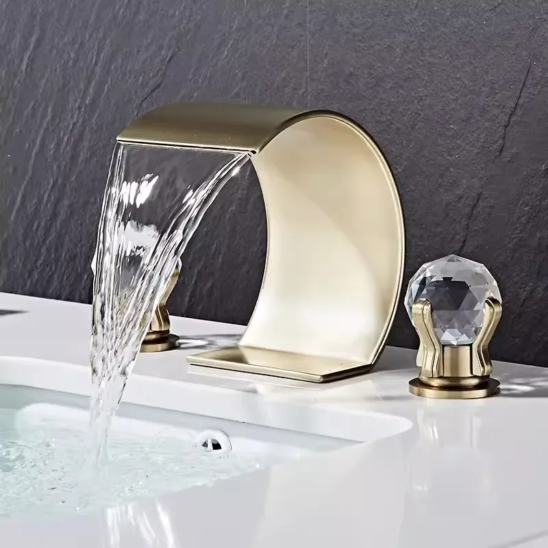 

Brushed Gold Crystal Bathroom Faucet Brass Black Basin Sink Faucets 3 Hole Hot And Cold Waterfall Water Tap