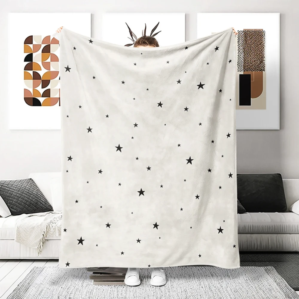 Black Stars White Minimal Cozy Flannel Fleece Blanket Lightweight Plush Throw Blanket for Sofa Bed Travel Camping Warm Blanket