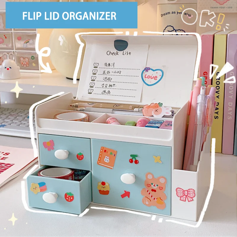 

Cute Desktop Organizer Send Sticker Nail Tools Supplies Cosmetics Stationery Home Plastic Storage Box With Drawer Large Capacity