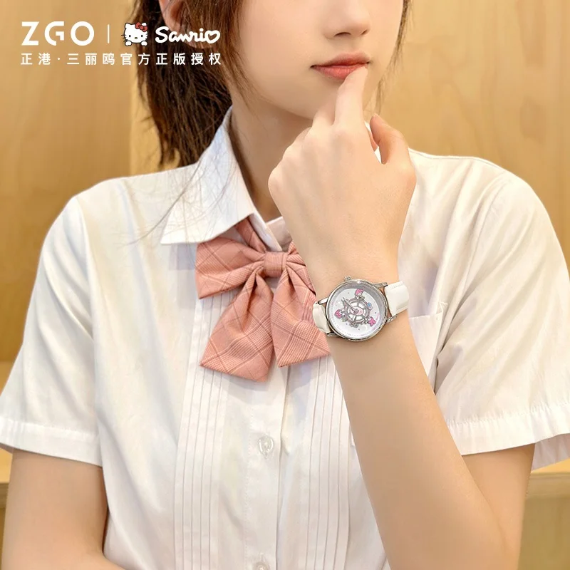 Женские часы ZGO Sanrio My Melody — модный карусельный циферблат, ремешок из натуральной кожи, водонепроницаемые кварцевые часы в подарок 2121