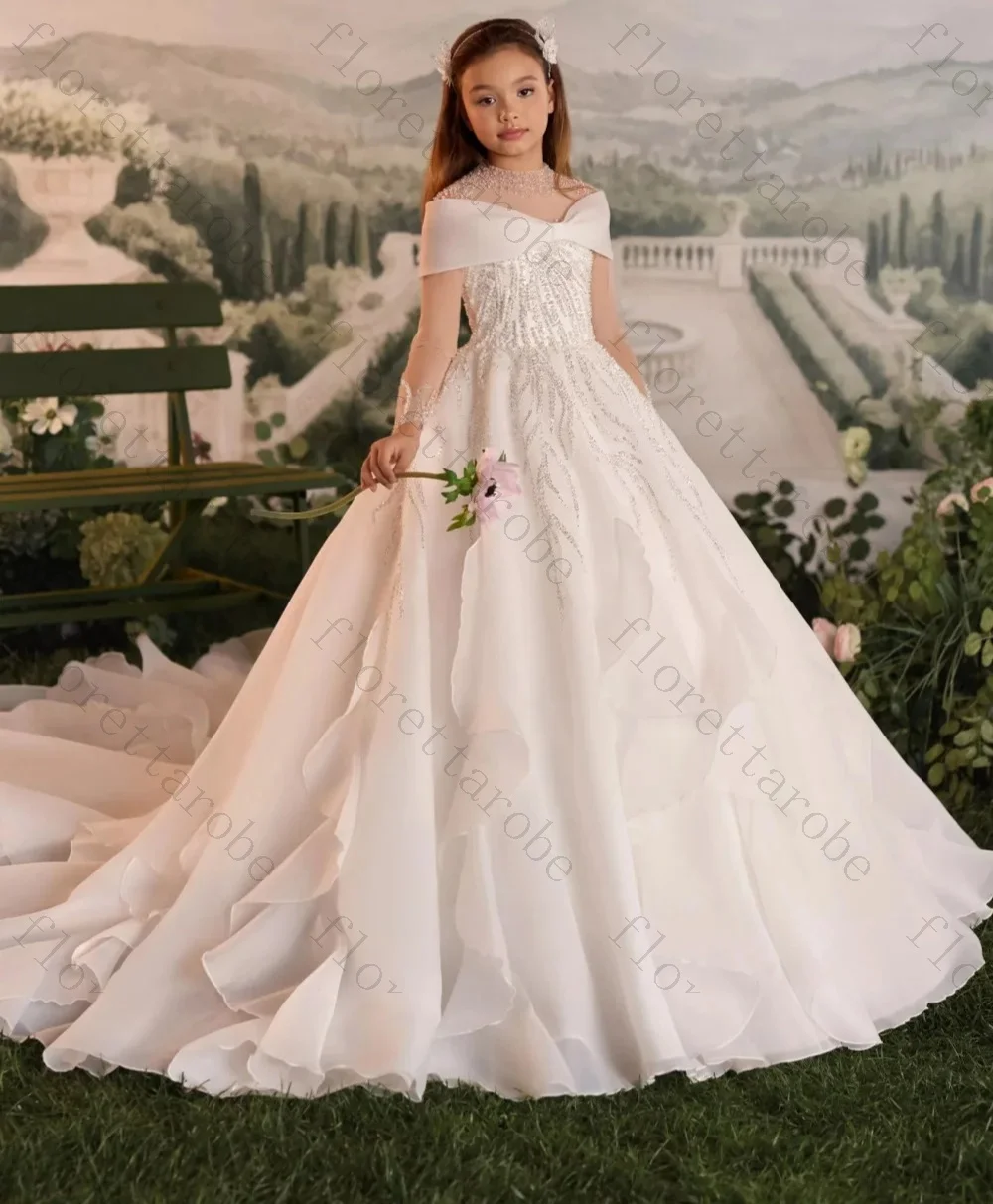 Customized Flower Girl Dress Ball Gown Floor Length Off Shoulder Short Sleeve Beaded Sequin Tulle Ruffled Train Wedding Gown