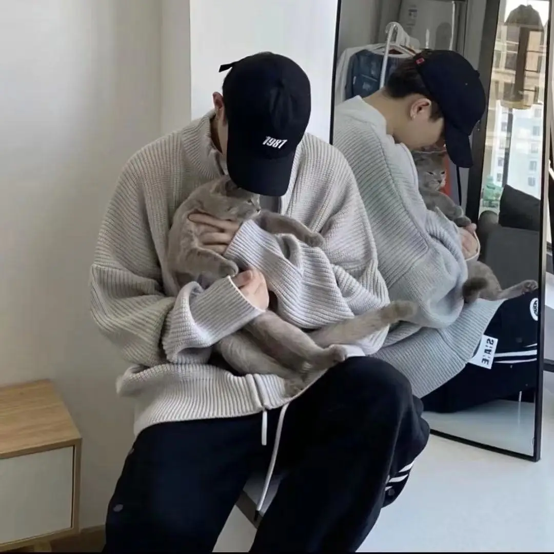 한국 스타일 지퍼 남성 니트웨어 루즈 숄더 다운 스탠드 칼라 솔리드 컬러 하이 스트리트 가디건 봄 아우터 코트