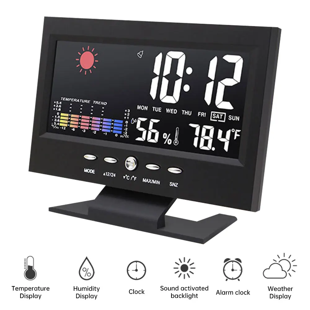 Digital Alarm Clock Multifunction Weather Station Time Temperature Humidity Display Clock with Sound Control for Indoor Outdoor