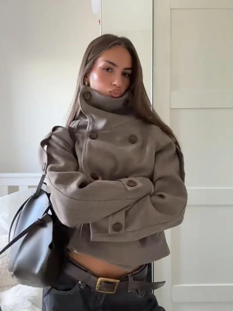 

Модное женское пальто с воротником-стойкой и длинным рукавом, двубортная однотонная куртка с карманами, женская куртка 202, осень-зима, новая женская уличная одежда