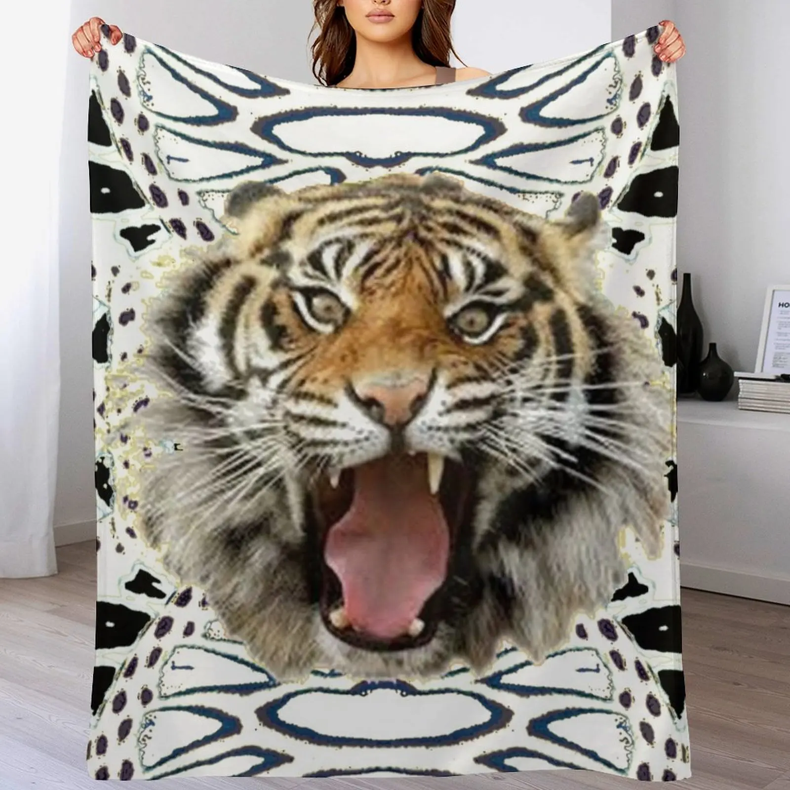 WHITE TIGER ABSTRACT ART Throw Blanket Beautifuls Flannel Decoratives Blankets