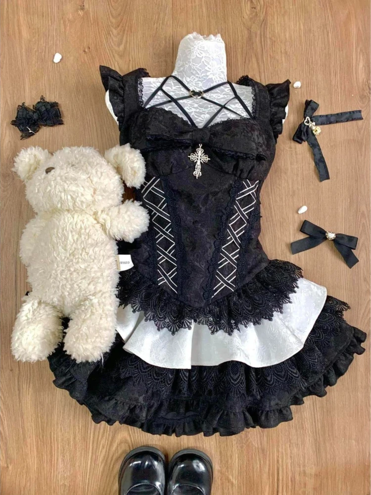 

Subculture Summer Hot Girl Cross Lace Darkly 2-piece Set Women's Aesthetic Gothic Sexy Black Patchwork High-waist Skirt Suit New