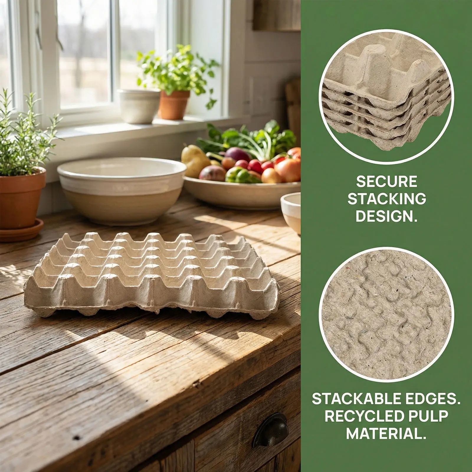 12Pcs Pulp Fiber Egg Carton Trays Stackable Flat Egg Holder Molded Paper Storage Container for Farm Kitchen Refrigerator