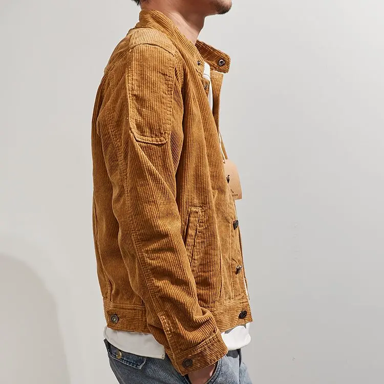 

Retro Waed Motorcycle ort Jaet Men's Corduroy Collar Stand up Zipper ket Splice Outerwear Couple's Faion Jaet