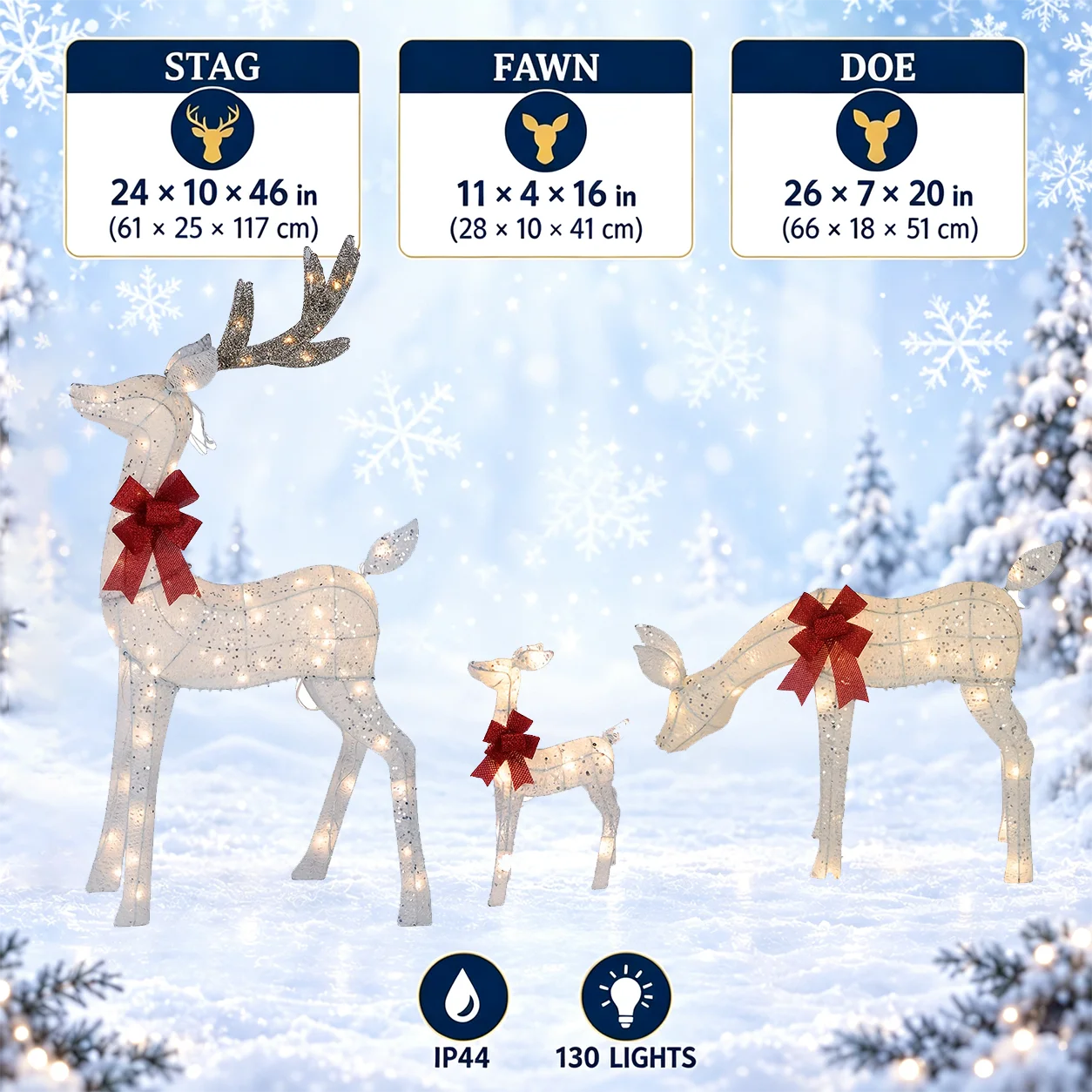 3-Piece Pre-Lit Reindeer Family Christmas Decoration Set, Large Durable Metal Frame with 130 Sparkding LED Lights, Holiday Season Decorations for Christmas Winter Parties, Lawn Garden Patio and Yard Festive Displays, Lighted Holiday Displays