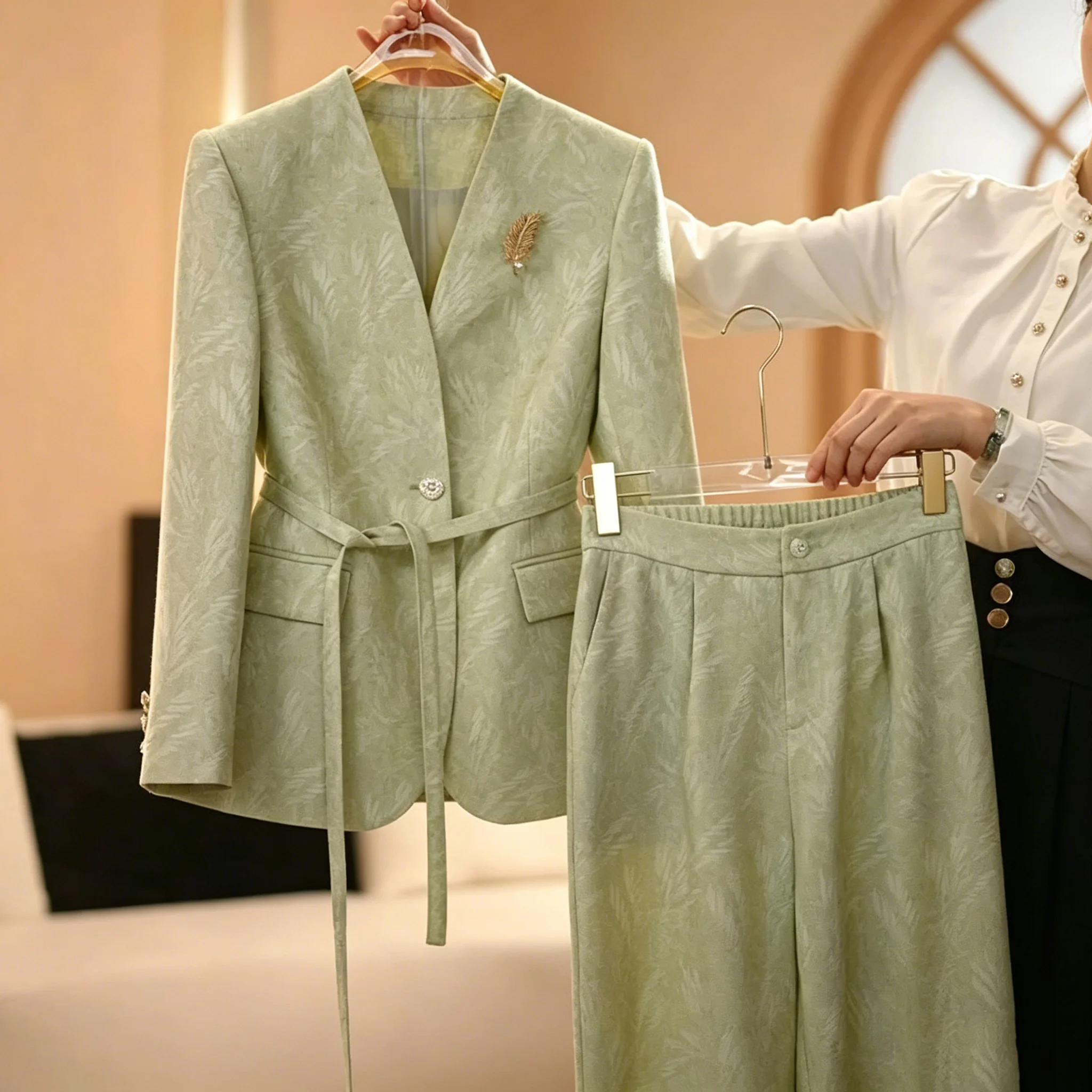 Women Light Green Jacquard 2 Piece Suit Chic V Neck Belted Blazer Wide Leg Pants Elegant Office Formal Business Outfit Set Lady