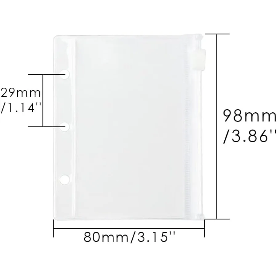 12 pacotes de bolsos fichários transparentes, mini tamanho, zíper, bolsa à prova d'água, folhas soltas, 3 furos, bolsos fichários com zíper para Jourl B