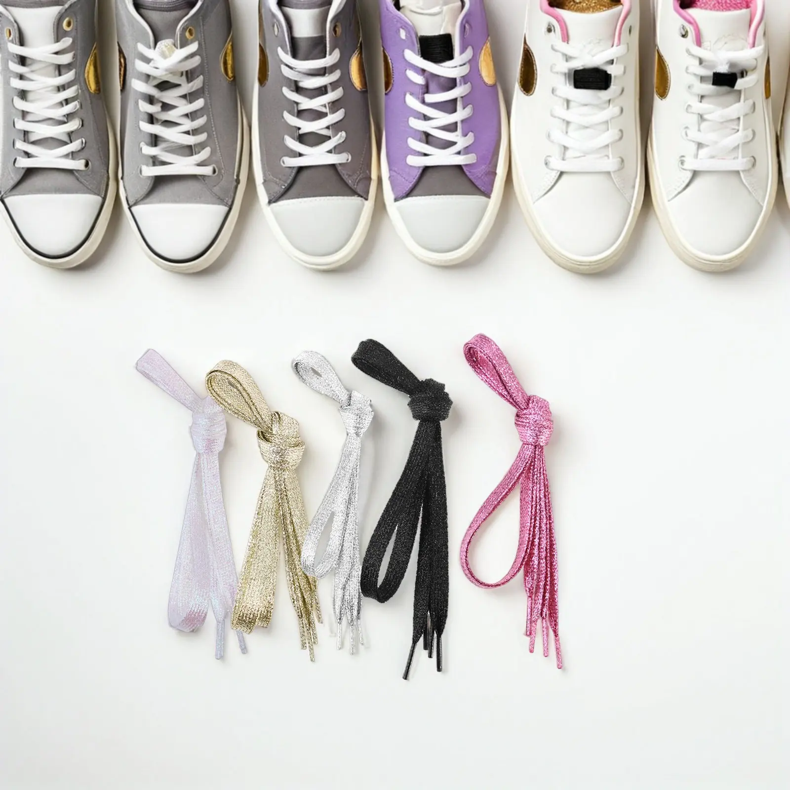 5Pcs 110Cm Shinny Flat Shoelaces Women Youth Fashion Bow-Tie Stylish Colorful Metallic Glitter Shoe Laces Silver Onion
