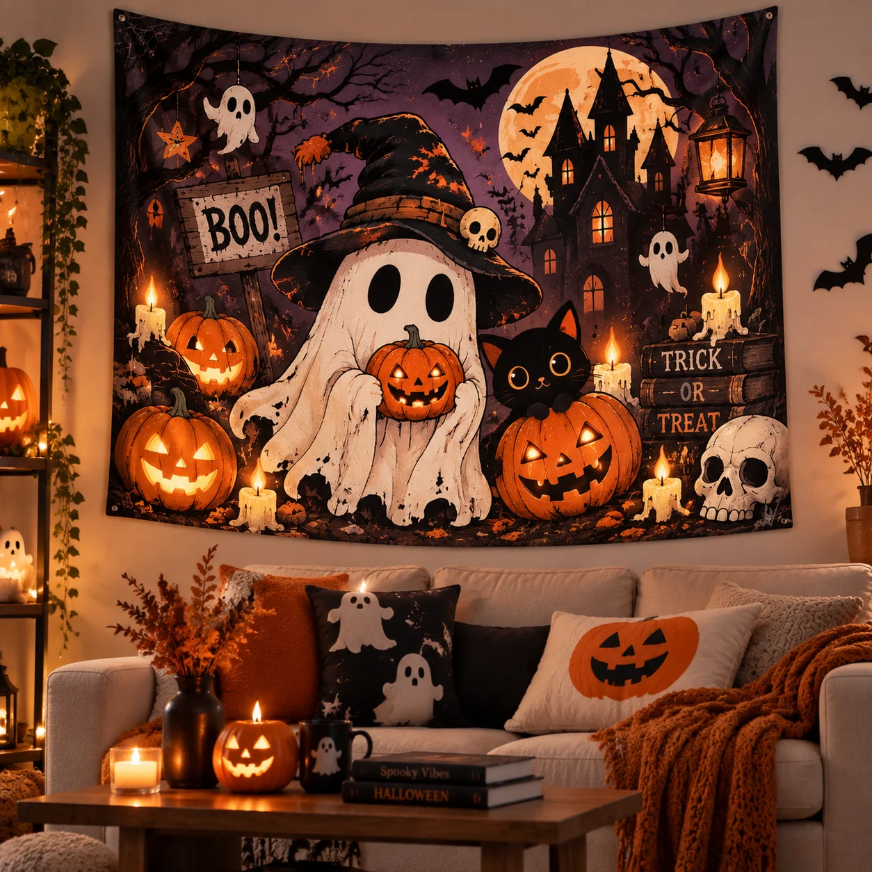 Cute Halloween Ghost Witch Hat Tapestry Boo Pumpkin Black Cat Castle Wall Hanging Party Backdrop Decor