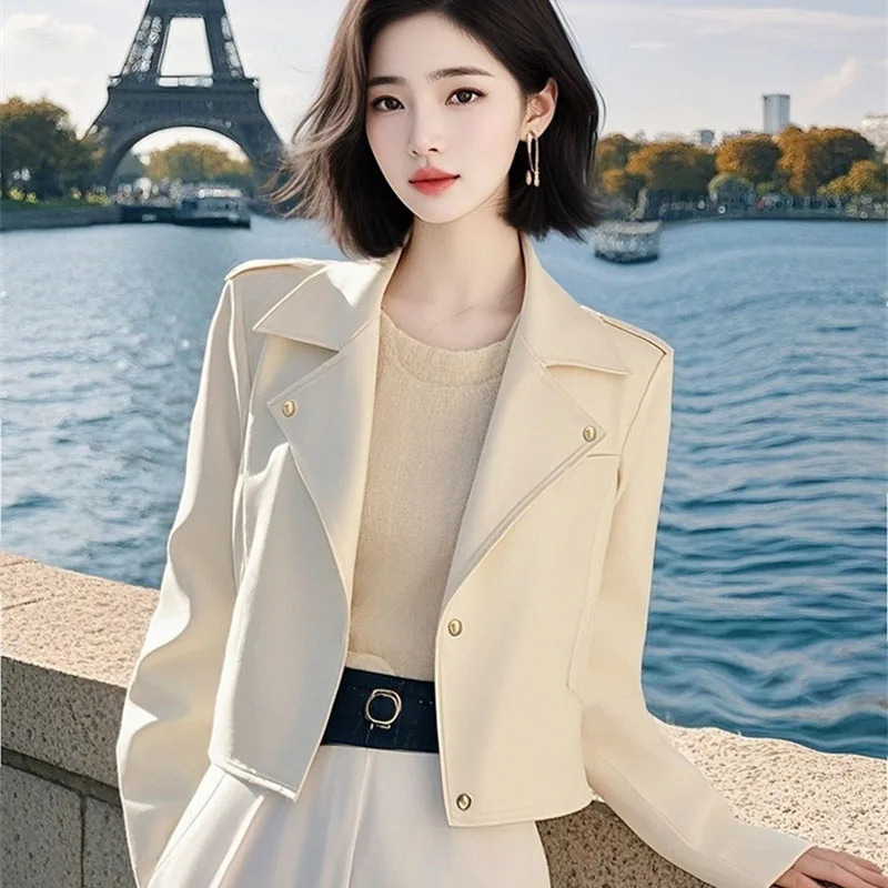 

Korean style good-looking short PU leather jacket top women 2026 NEW versatile spring autumn white leather coat locomotive coats