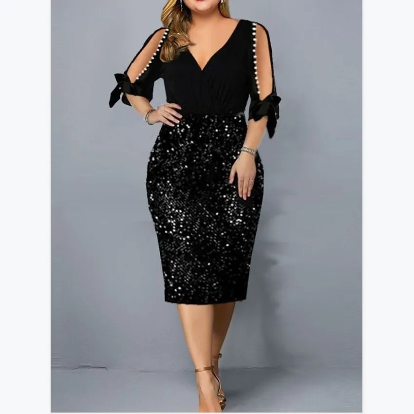 Big Size Clothing 2024 New Summer Loose Woman Slim Dress Sexy V Neck Personalized Sequin Design Plus Size Dress Party Vestidos