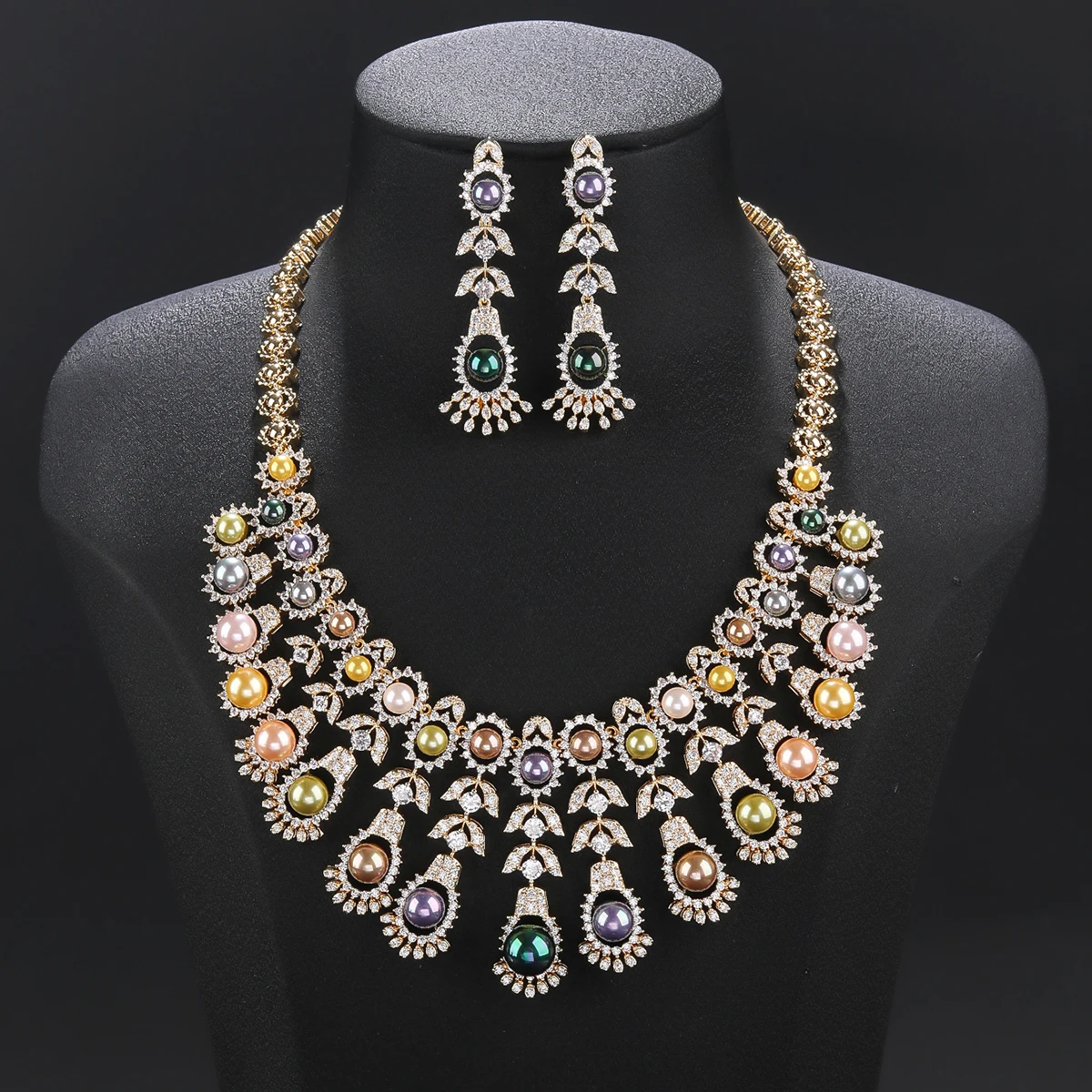 

Luxury Cubic Zirconia 2pcs Flower Pearl Necklacе Nigeria Dubai Bridal Wedding Jewellery Sets Women Party Accessories CN11476