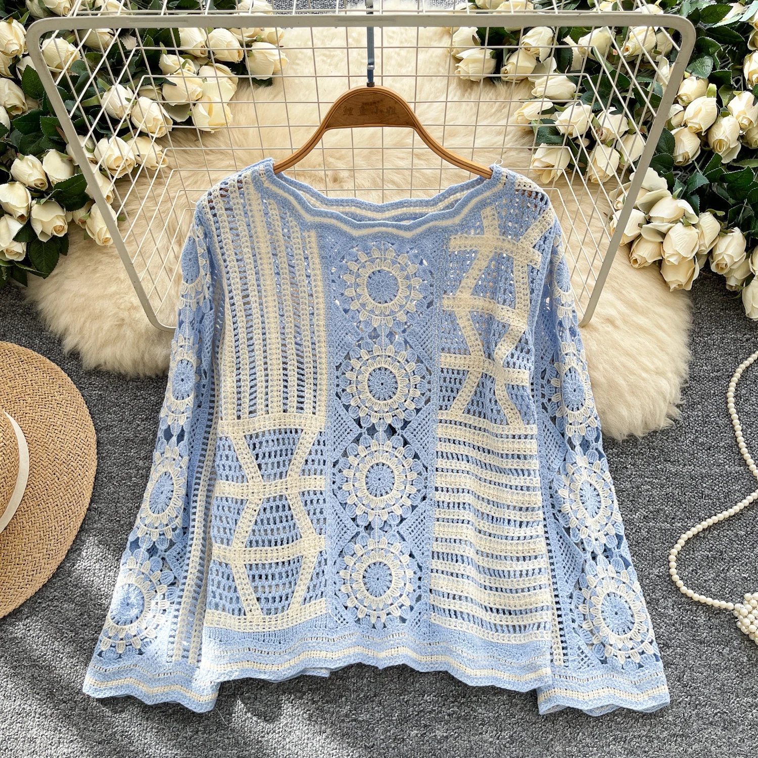 เสื้อไหมพรมถักโครเชต์แบบโปร่ง สไตล์อ่อนโยน ทรงเข้ารูป ใส่สบายๆ สีน้ำเงินวินเทจ สำหรับฤดูใบไม้ร่วงและฤดูหนาว