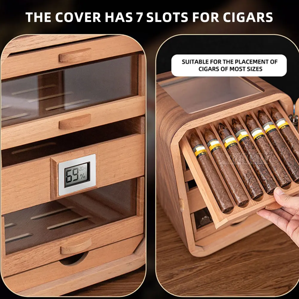 With Viewing Window, Cigar Humidor: Cedar Wood, Three-Tier, Large Capacity, Grain Cigar Aging and Humidification Cabinet