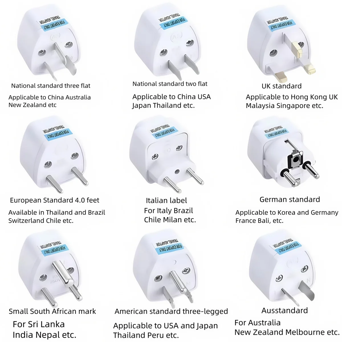 

Universal plug adapter, Korea, Europe, United Kingdom, Macau, United States, Germany, 2pin, 3pin, 250V, 10A, 13A, converter plug