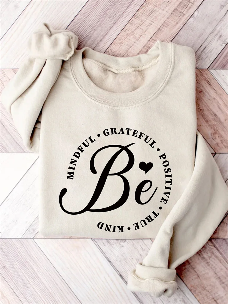 New winter cotton simple warm thick mindful grateful positive pattern letter printed long sleeve vintage round neck sweatshirt