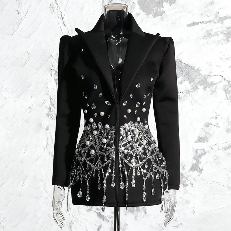 

2025 New Style Lapel Long Sleeve Butterfly Sequined Rhinestone Mini Suit Dress for Women Пиджак Женский