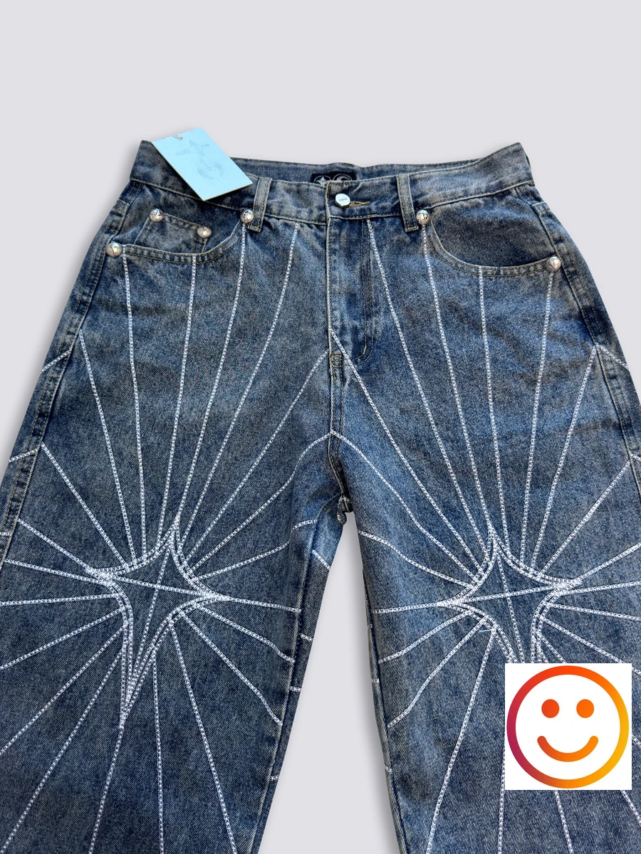 Thug Club Embroidery Spider Web Pattern Jeans Men Women High Quality Vertical Loose Fit Wide Leg Denim Pants Trousers Patch Tag