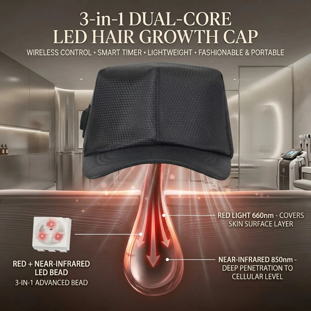 

Беспроводная LED-шапка для светотерапии (660 нм, 850 нм) для роста волос, лечения выпадения волос и массажа кожи головы