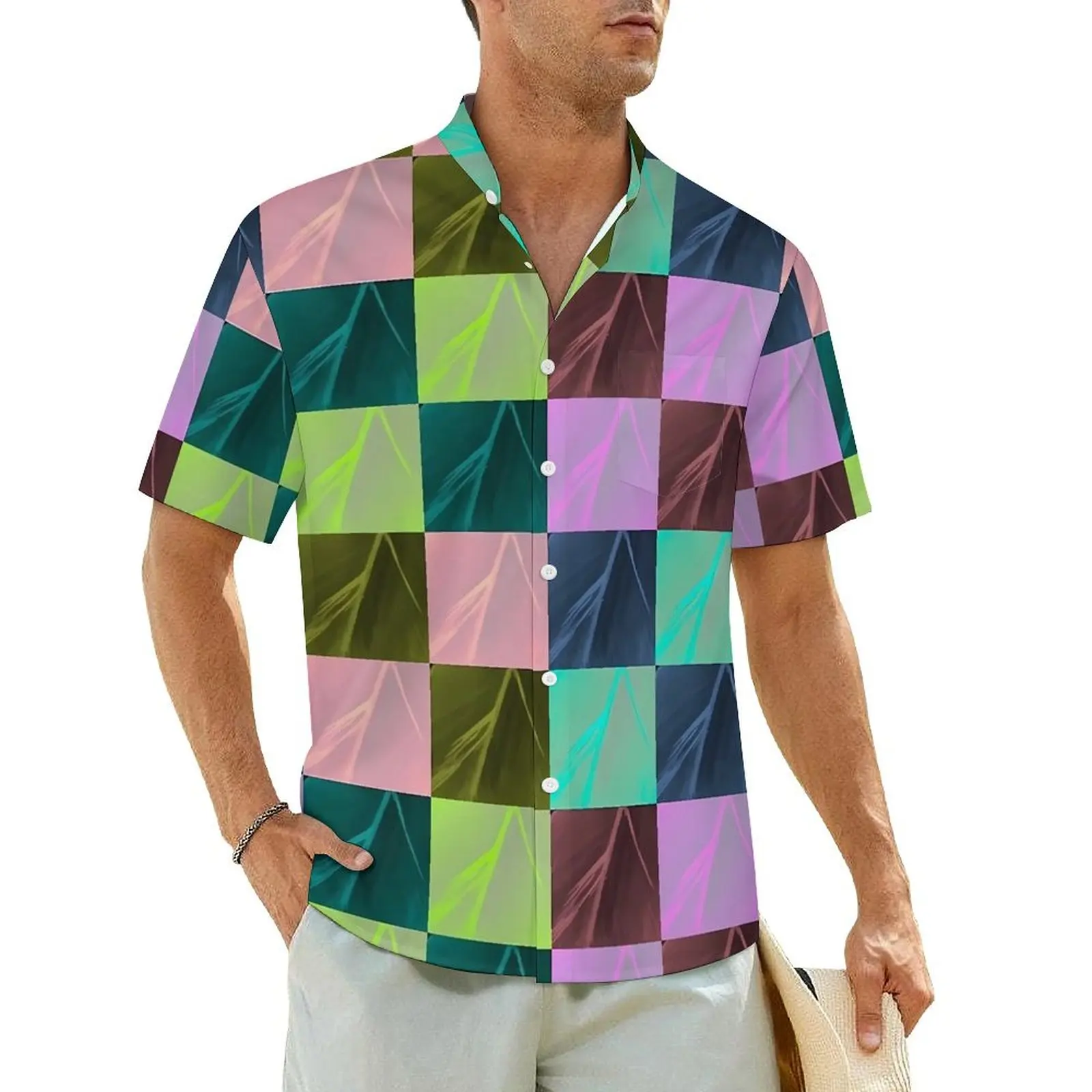 

Colorful Colorblock Vacation Shirt Checkerboard Hawaiian Casual Shirts Mens Loose Blouses Short Sleeve Breathable Print Clothes