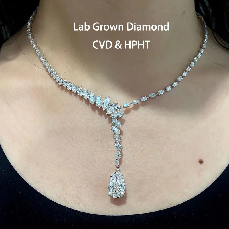 Lab Grown Diamond 5.8Ct Pear Shape & 11.8Ct Marquise Side Stone Pendant Diamond Necklace 18K Gold Wedding Luxury Necklace