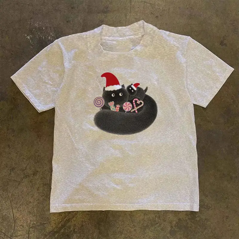 

Футболка À Manches Courtes 100 Pur Coton Imprimé Été 2025 Chaton De Dessin Animé Américain Amusant Niche Pour Hommes Et Femmes