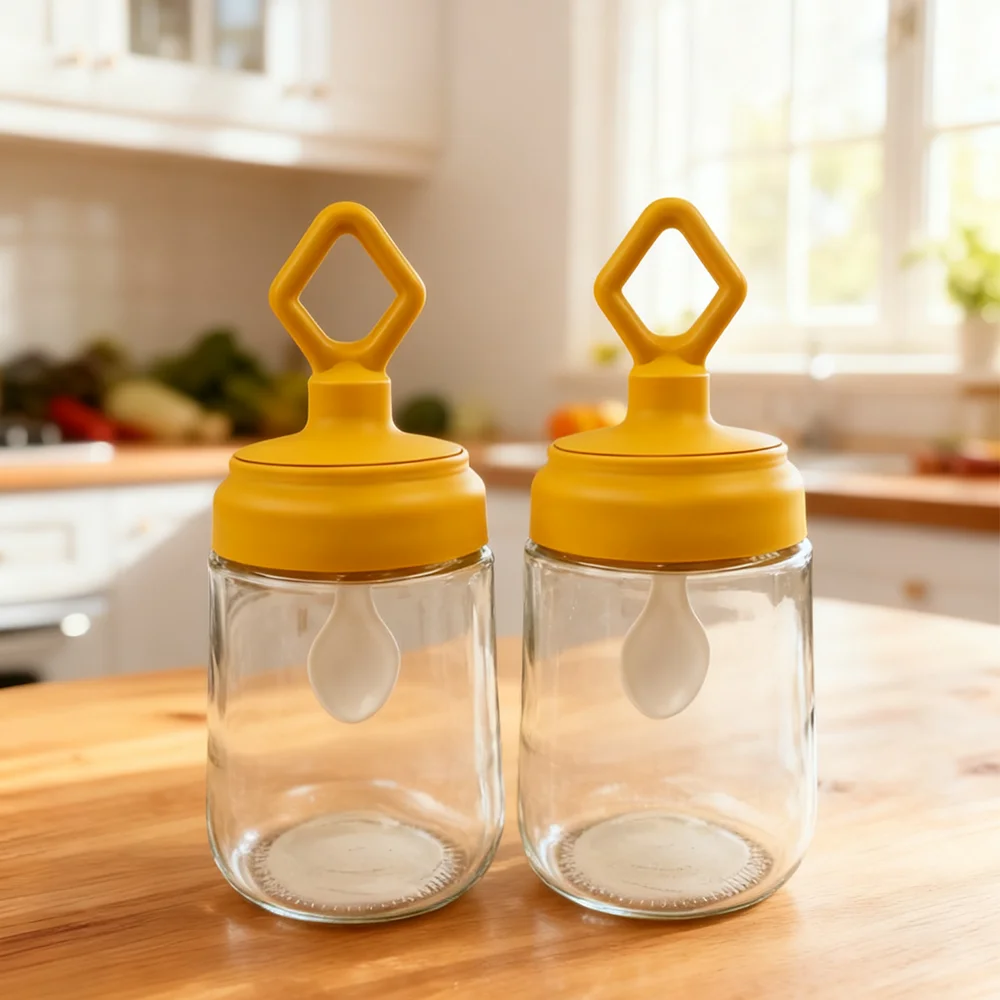 HeYLiLac 2-teiliges Set, minimalistisches Gewürzglas aus Glas im nordischen Stil mit integriertem Löffel und Deckel, Küchenwerkzeug-Set