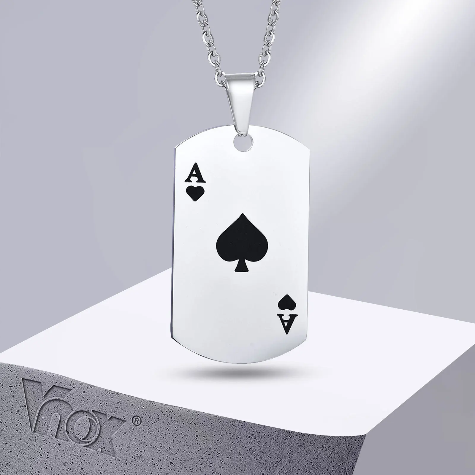 Vnox Men Poker Lucky Ace of Spades Necklace, Rock Punk Stainless Steel Fortune Playing Cards Pendant, Male Statement Jewelry