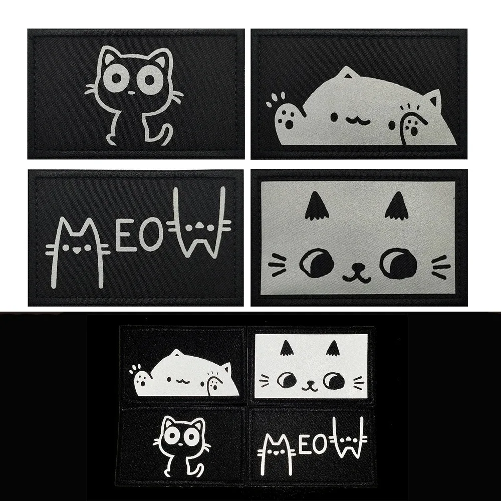 Reflective Cartoon Cat Tactical Patches Cute Cat' Teryx Hook&Loop Emblem Funny Cat Expression Morale Badge DIY Backpack Stickers