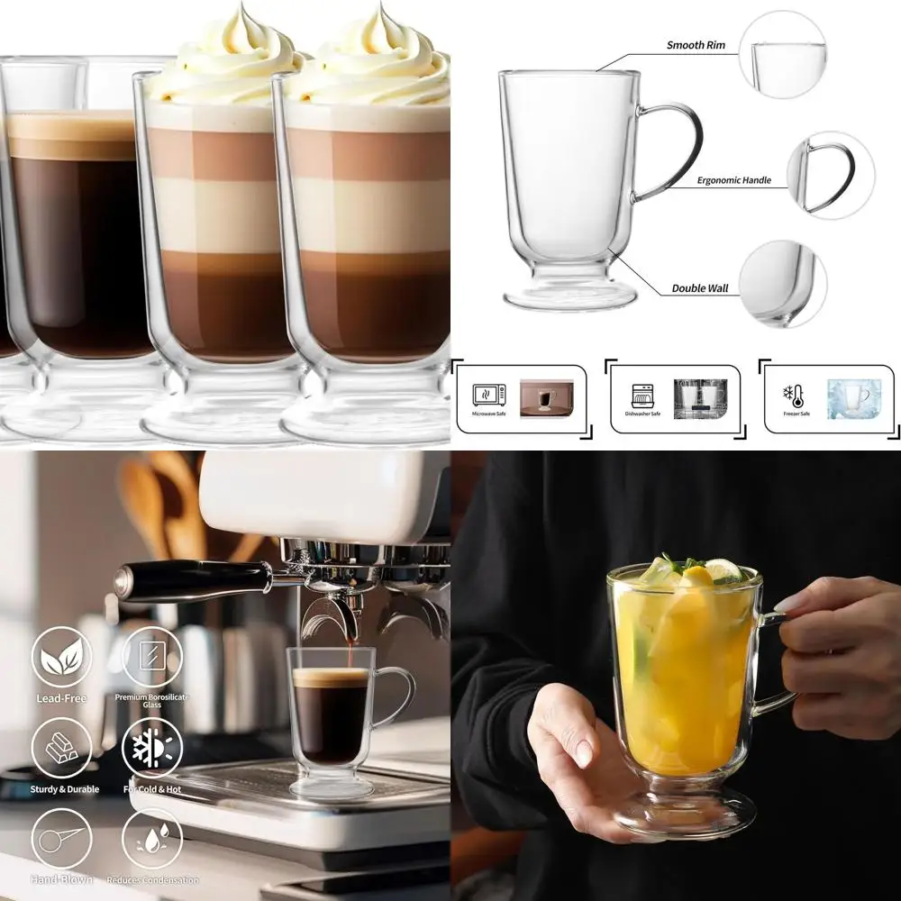 

Набор из 4-х прозрачных стеклянных кружек с двойными стенками и ручкой — изолированных для горячих и холодных напитков.