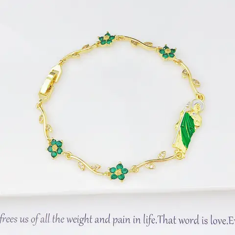 New Arrivals Pink Green Enamel Art St. Jude Rhinestone Flower Chain Bracelet Classic for Women Girl Party Religious Jewelry Gift