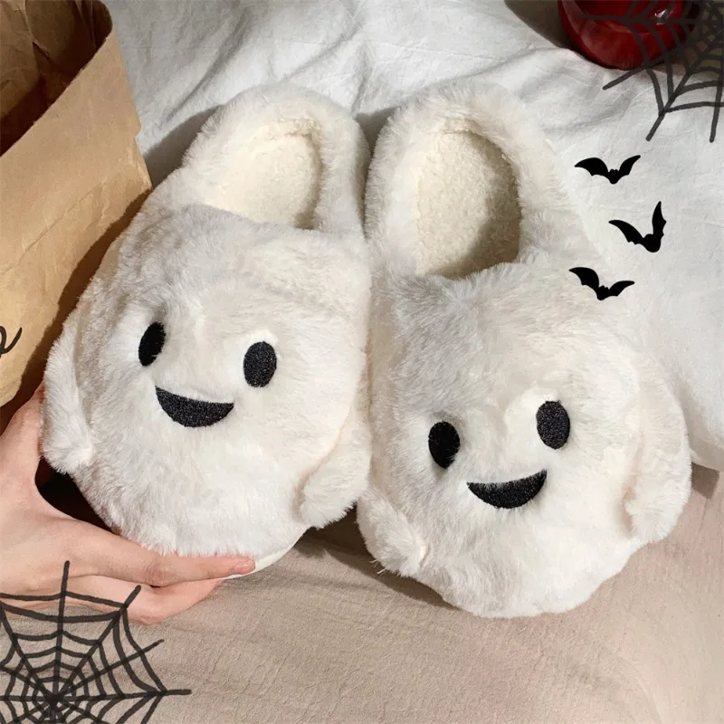 

Зима 2022, новые милые повседневные полухлопковые тапочки с призраком на Хэллоуин для пар, удобные теплые плюшевые модные тапочки на мягкой подошве