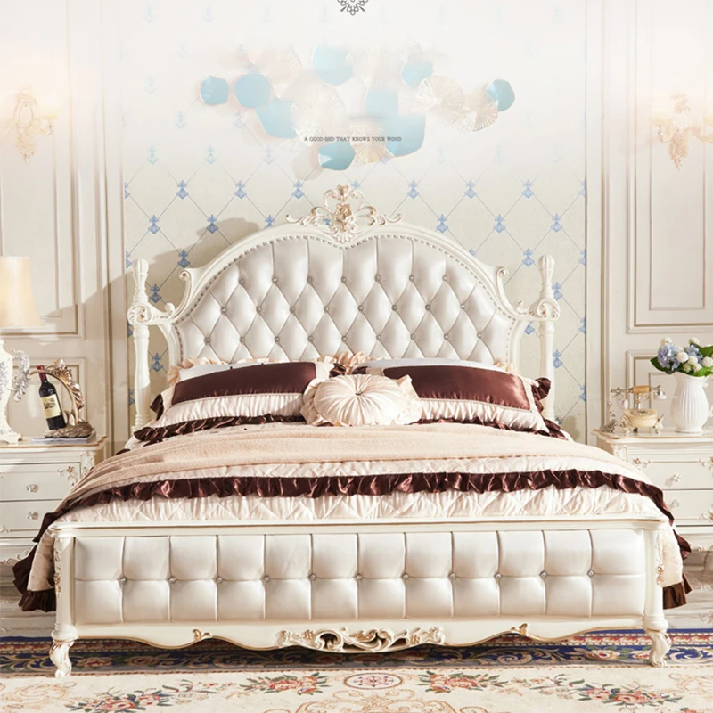 

Modern European Solid Wood Queen/King Bed Hand Carved Hydraulics Genuine Leather Princess Bridal Bed Luxe for Master Bedrooms