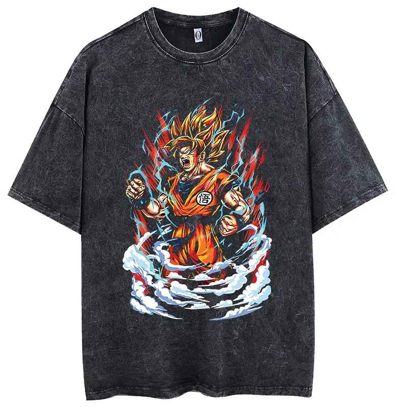 Men Streetwear Vintage Washed Black T Shirt Anime  Dragon Ball Print Graphic T-Shirt Summer Tshirt Hip Hop Harajuku Cotton Tees