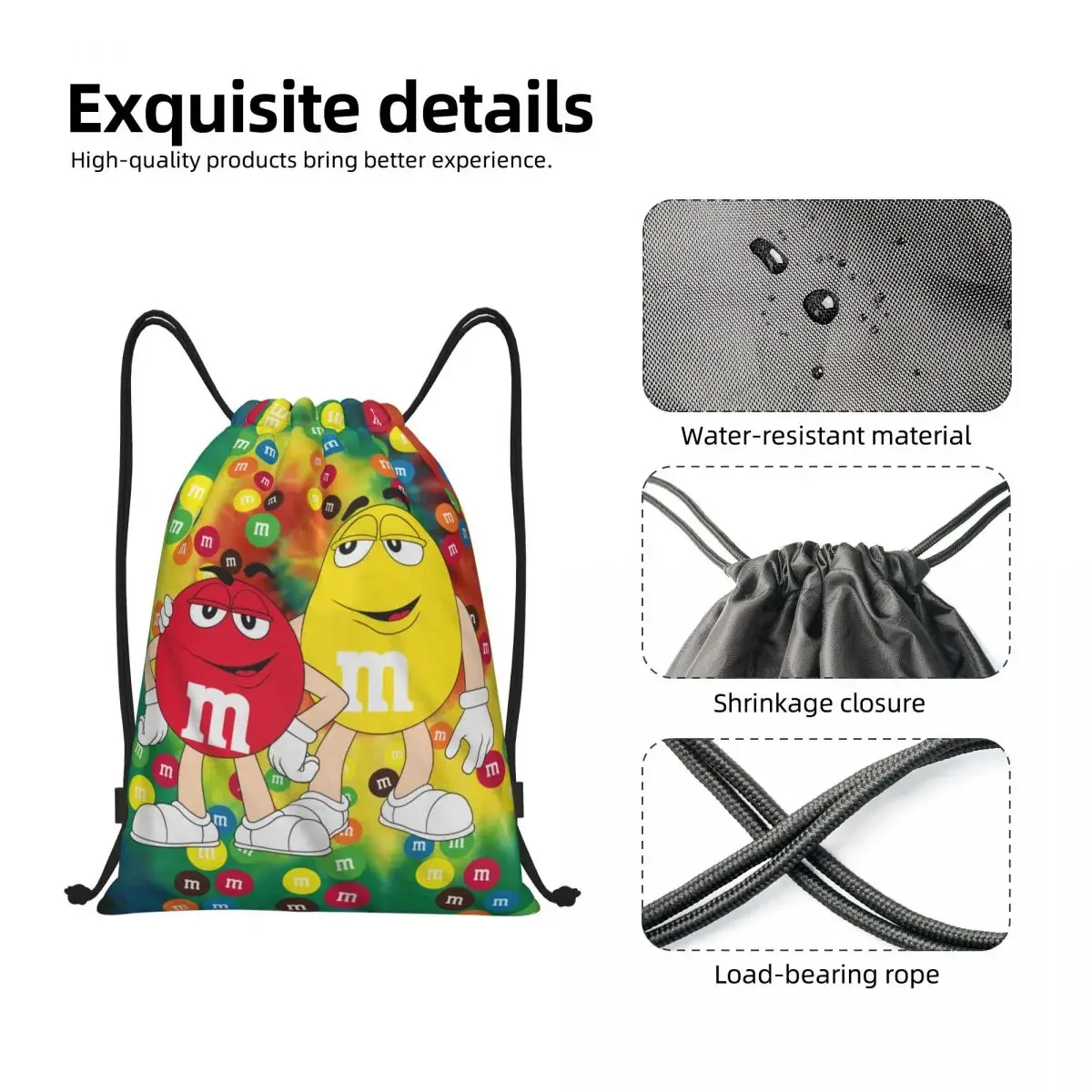 Funny Candy M & M's Chocolate bolsas con cordón para hombres y mujeres, mochila plegable para deportes, gimnasio, almacenamiento de entrenamiento