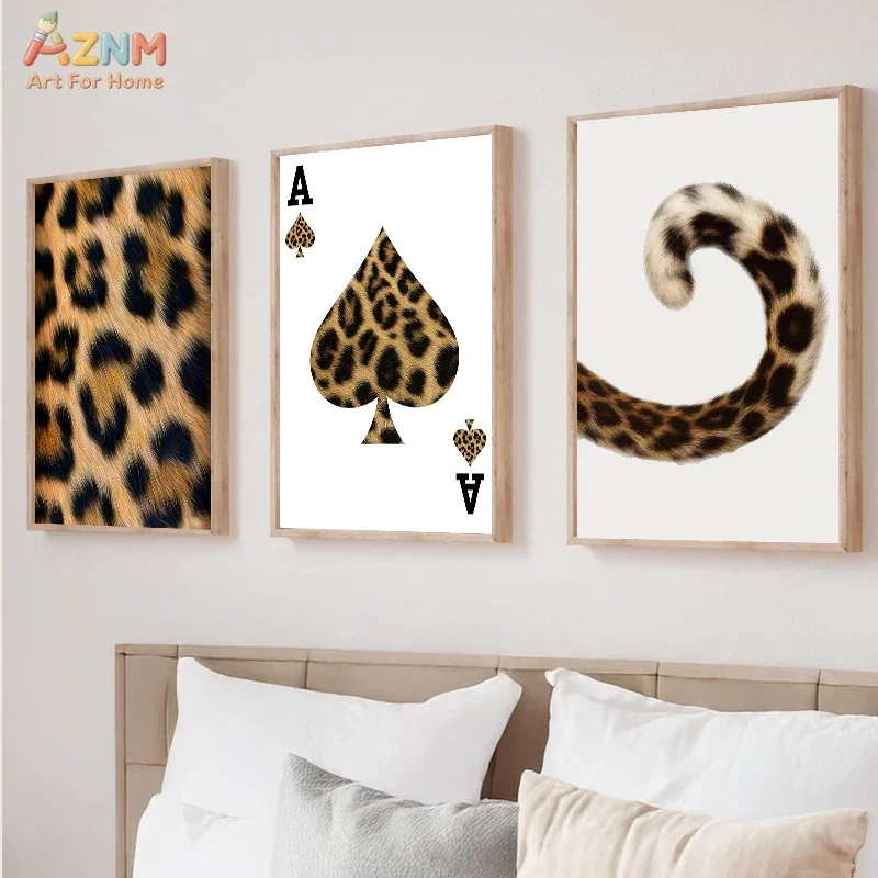 AZNM Leopard Print Ace of Spades Canvas Wall Art Retro Wild Cat Tail Pattern Print Unframed Canvas Painting Bedroom Decor