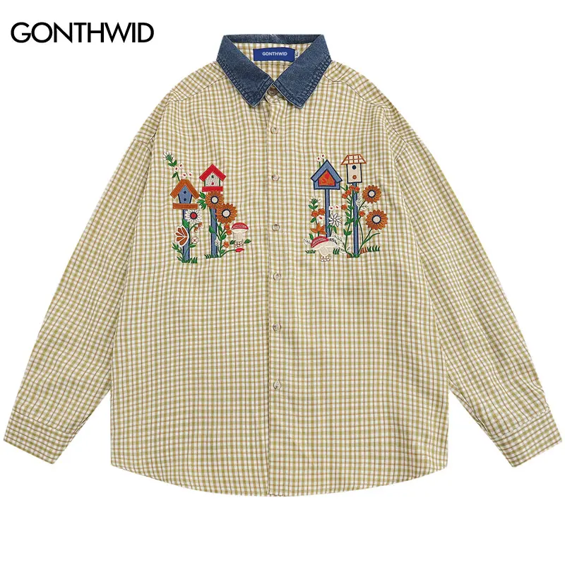 Harajuku Plaid Shirt Fashion Embroidery Floral Flowers Long Sleeve Button Shirts Streetwear Hip Hop Casual Blouses Yellow Black