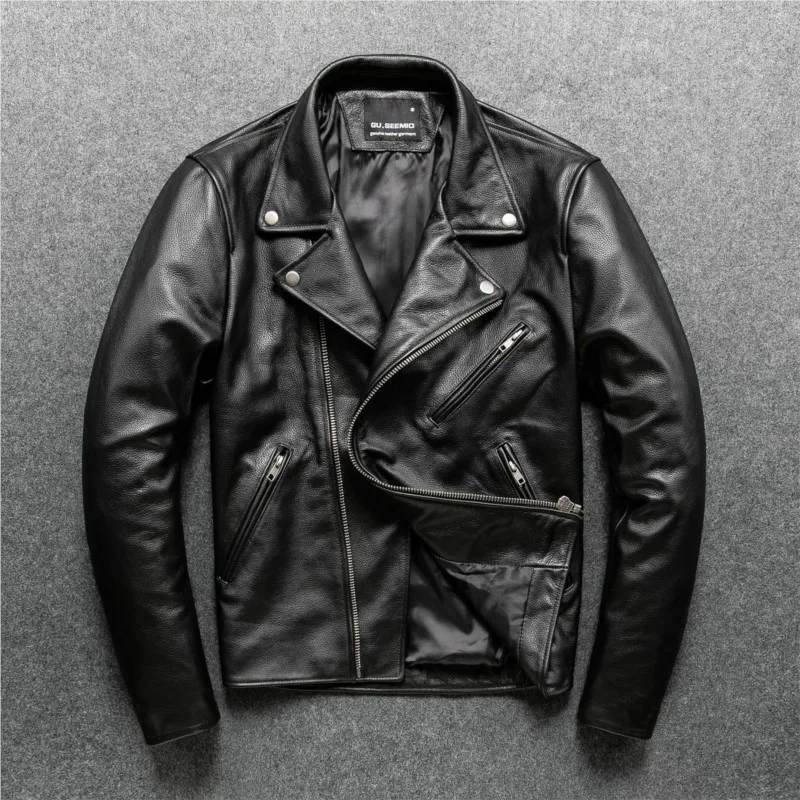 

Мужские короткие и стильные мотоциклетные лацканы с диагональной молнией из натуральной кожи с верхним слоем