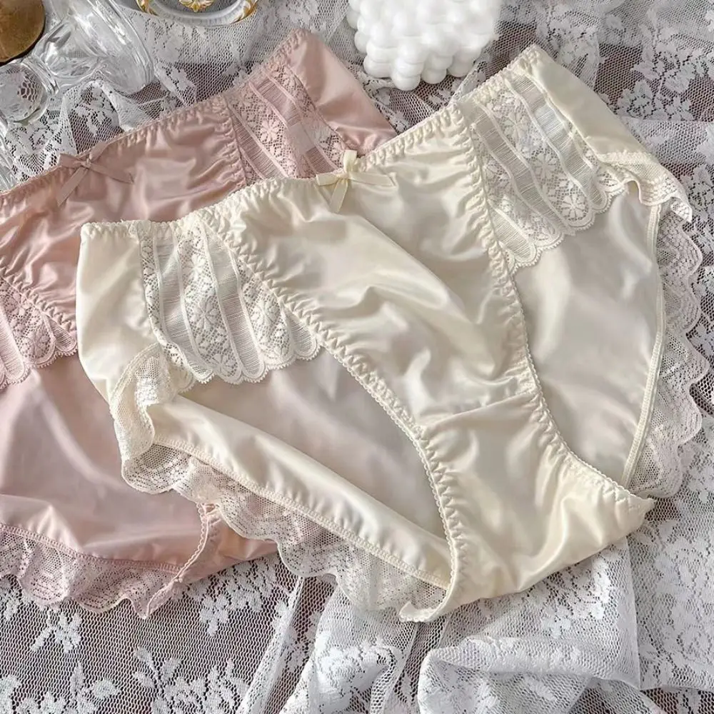 

Breathable Lightweight Ice Silk Underwear Satin Smooth Sexy Panties Soft Embroidery Ruffle Panties Ladies