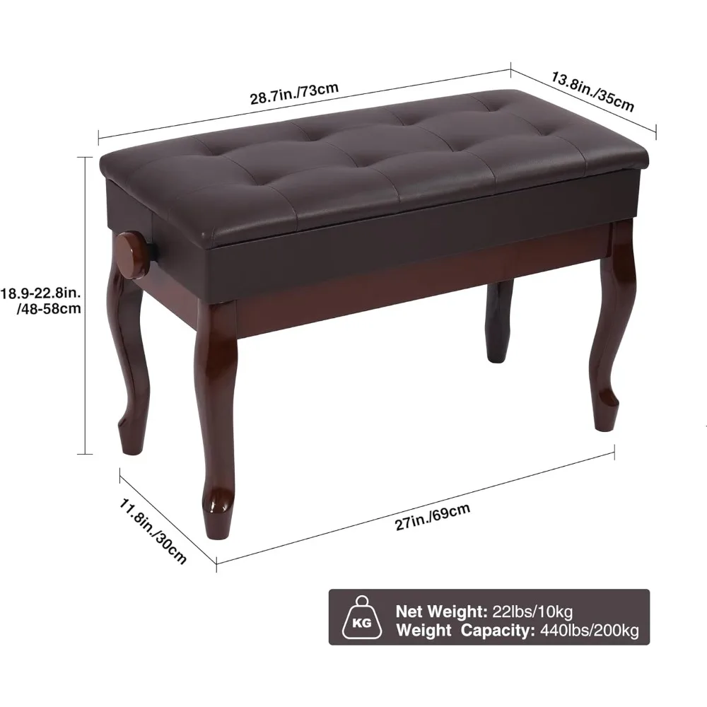 収納付きデュエットピアノベンチ、頑丈な木製ダブルキーボードピアノベンチシート、PUレザークッション付き、ブラウン